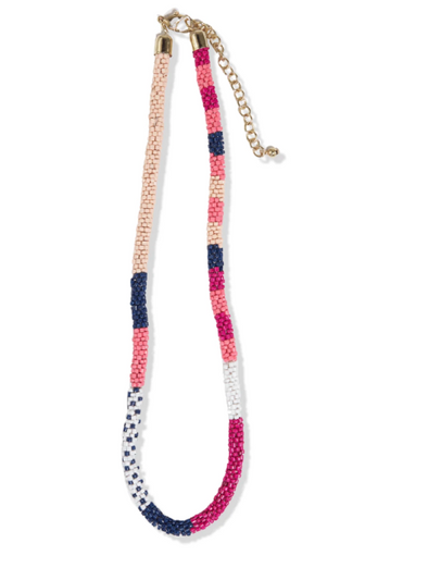 Maria Stripe And Dot Beaded Rope Necklace Pink And Navy