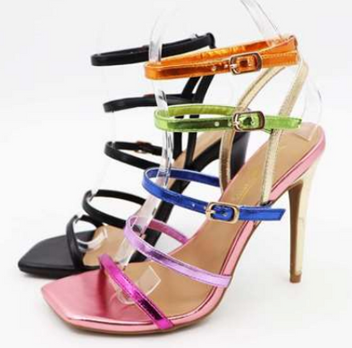Neo Multicolor Buckle Strappy Metallic Heel