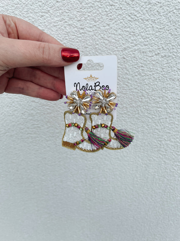 Beaded Mardi Gras Marching Boots Earrings with Tassel