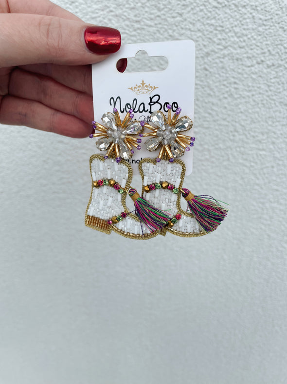 Beaded Mardi Gras Marching Boots Earrings with Tassel
