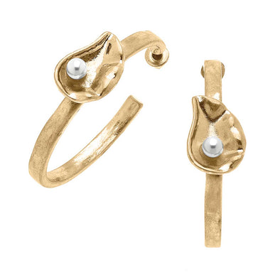 Oyster with Pearl Hoop Earrings in Worn Gold