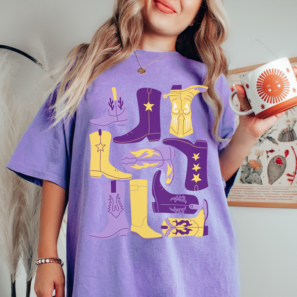 Purple And Yellow Boot Collage Game Day Graphic Tee