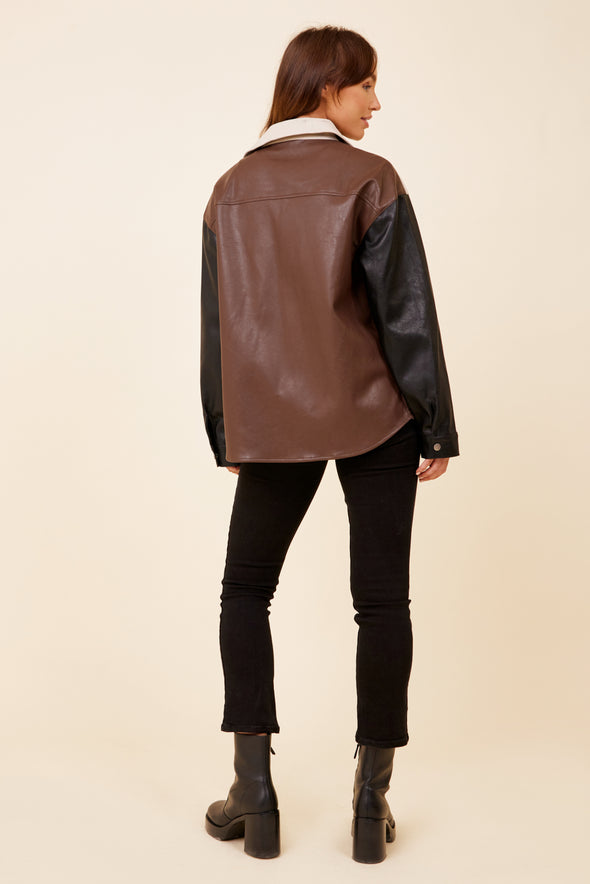 Color Block Combo Leather Shacket