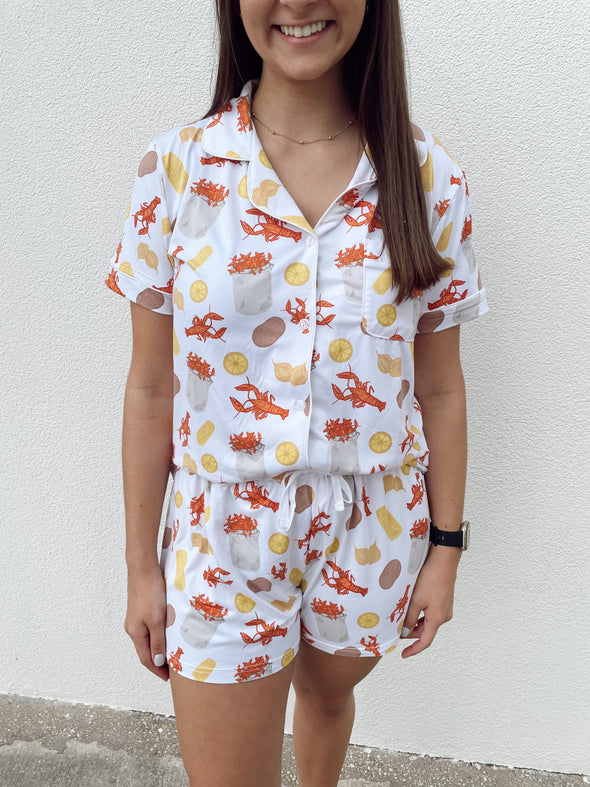 Crawfish Boil Short Sleeve Button Up Sleep Shirt Pajamas