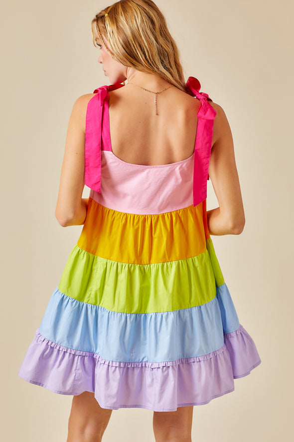 Rainbow Color Block Poplin Dress