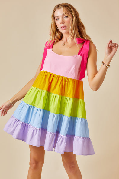 Rainbow Color Block Poplin Dress